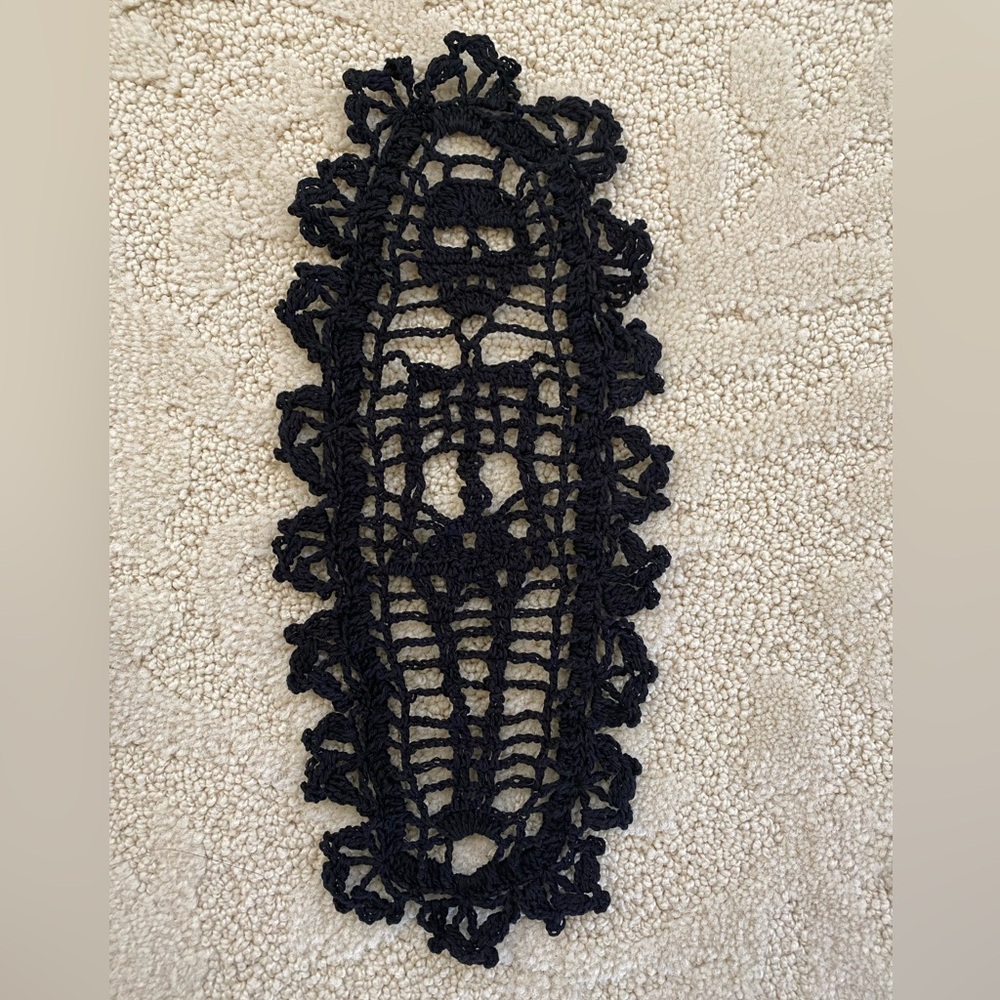 Rare Handmade Crocheted Black Skull Doily 100% Cotton Lace 12”* 5.5”